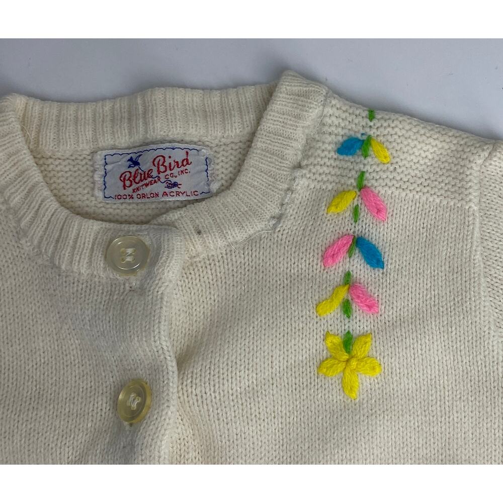 VTG 1980 Blue Bird girl sz2-4 sweater Easter and embroidered White Cardigan - Picture 3 of 8